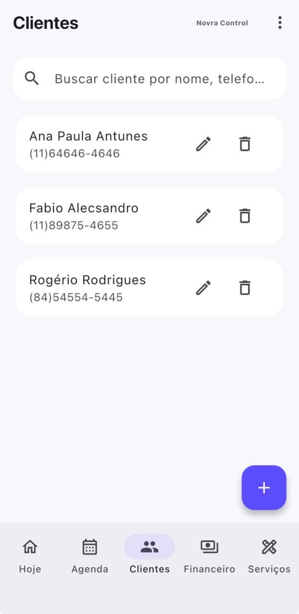 Tela de clientes do Novra Control