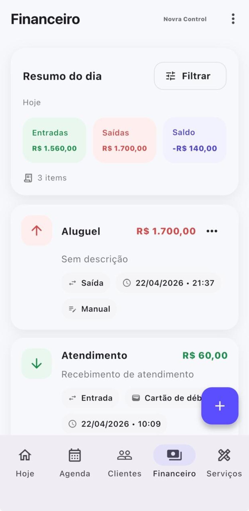 Tela financeira do Novra Control