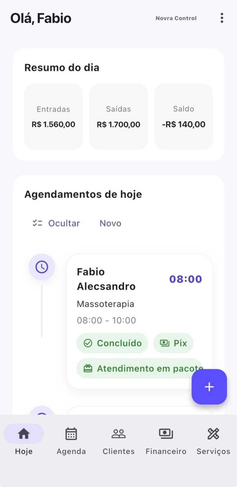 Tela inicial do Novra Control